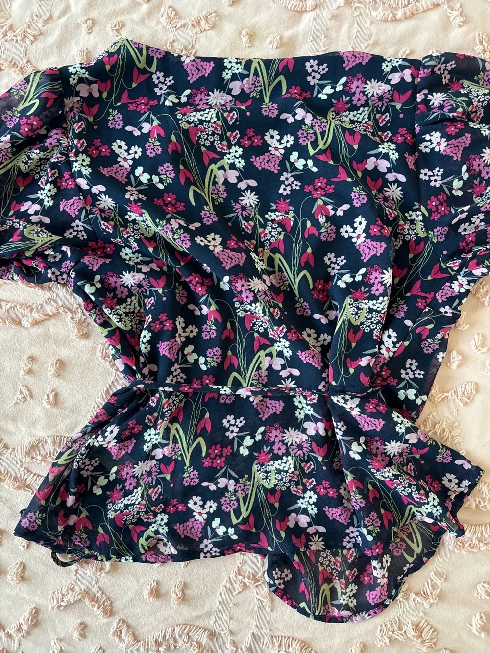 Navy Floral Wrap Blouse with Pink and Green Accents - Picture 4 of 4